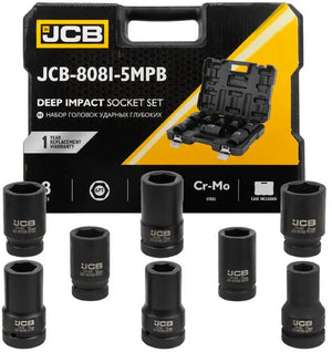 JCB Slagdoppenset 1″ 8-delig – 22 tot 41 mm, Cr-Mo, Metalen Koffer
