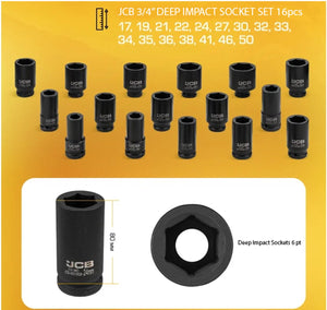 JCB Diepe Slagdoppenset 3/4″ 16-delig – 17 tot 50 mm, Metalen Koffer