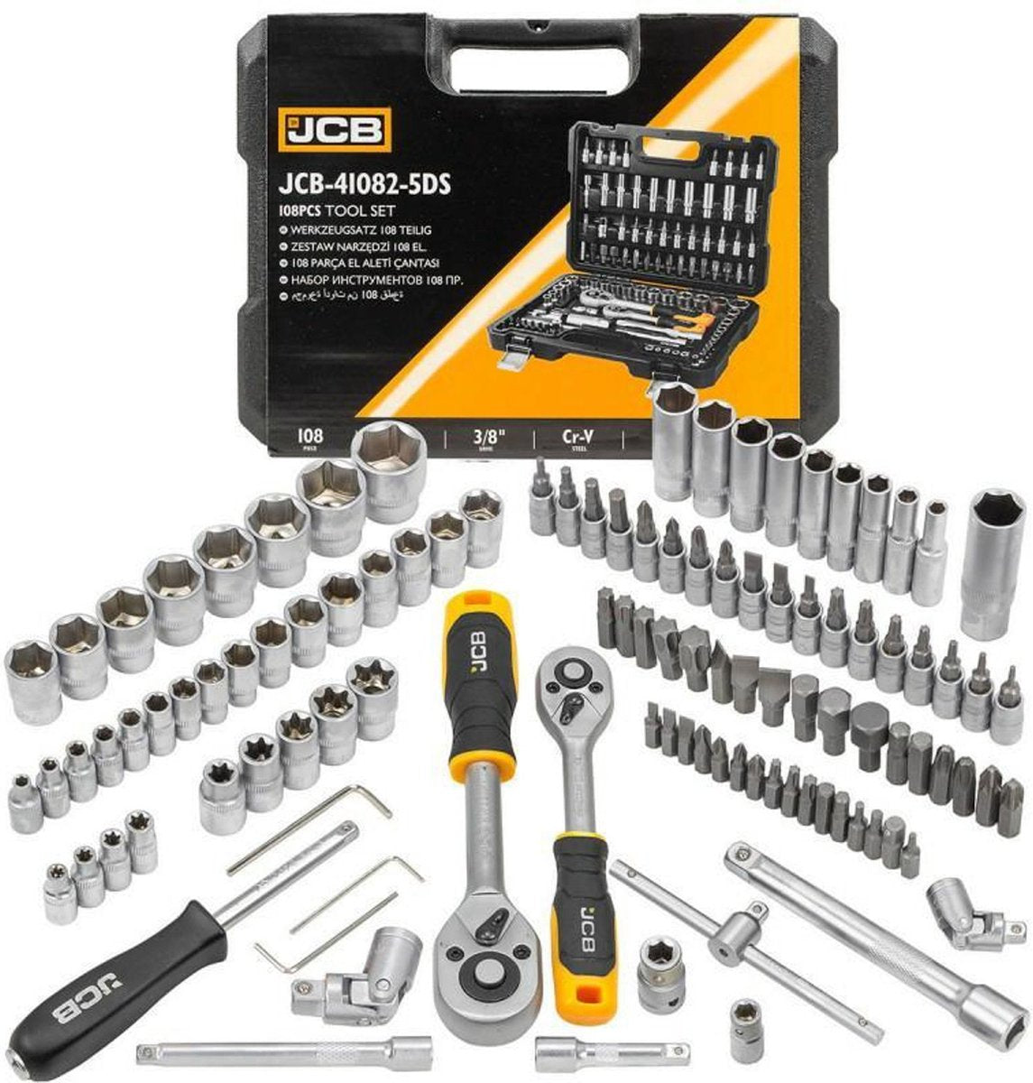 JCB Dopsleutel- en Bitset 108-delig – 1/4″ en 3/8″, Cr-V, in Tas