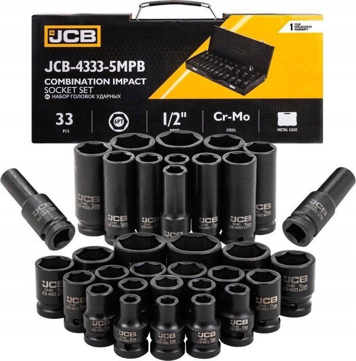 JCB Slagdoppenset 1/2″ 33-delig – Diep en Standaard, 6-Kant Cr-Mo