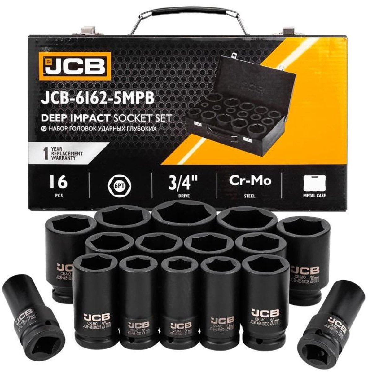 JCB Diepe Slagdoppenset 3/4″ 16-delig – 17 tot 50 mm, Metalen Koffer