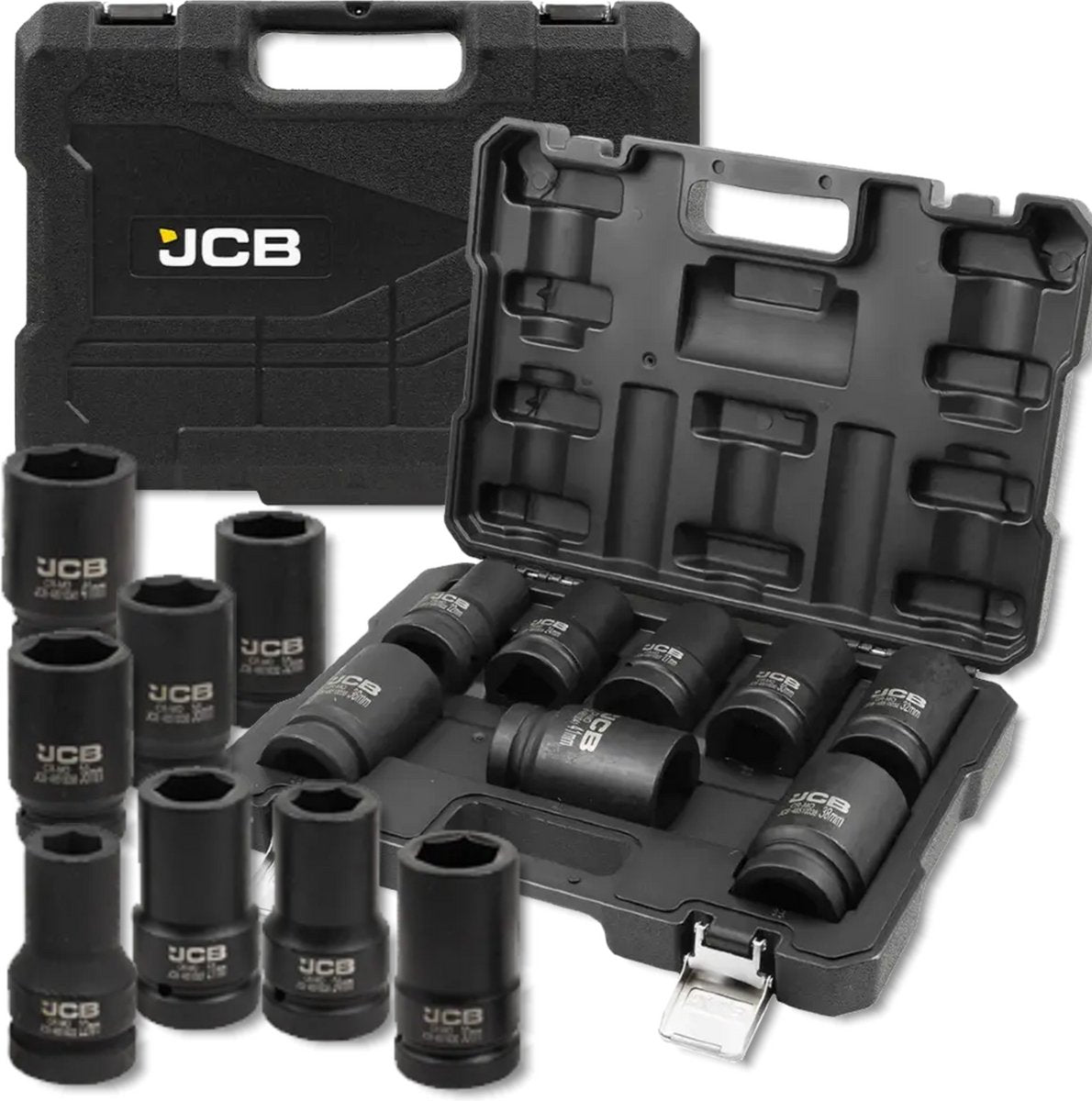JCB Slagdoppenset 1″ 8-delig – 22 tot 41 mm, Cr-Mo, Metalen Koffer