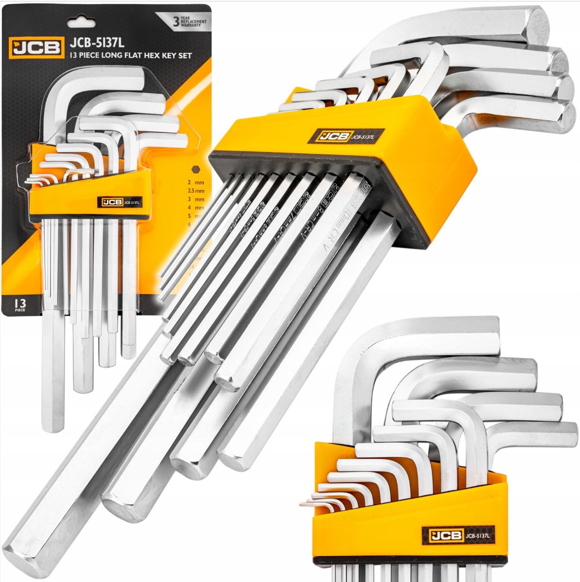JCB Lange Inbussleutelset 13-delig 2–19 mm – Cr-V met Houder