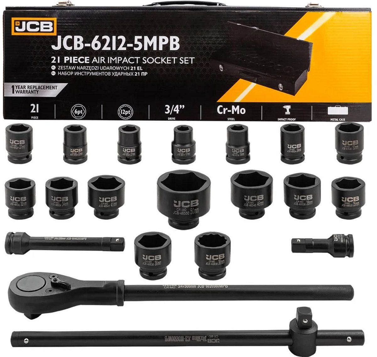 JCB Slagdoppenset 3/4″ 21-delig – Cr-Mo, met Ratel en Verlengstukken