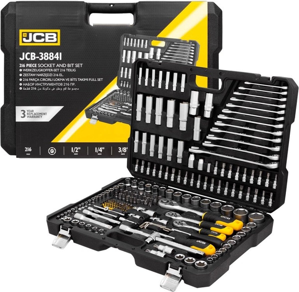 JCB Dopsleutelset 216-delig – 1/4″, 3/8″ en 1/2″, Chroom-Vanadium