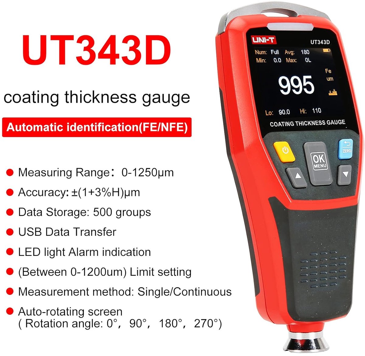 UNI-T Laagdiktemeter 0–1250 µm – Lakdiktemeter voor Auto