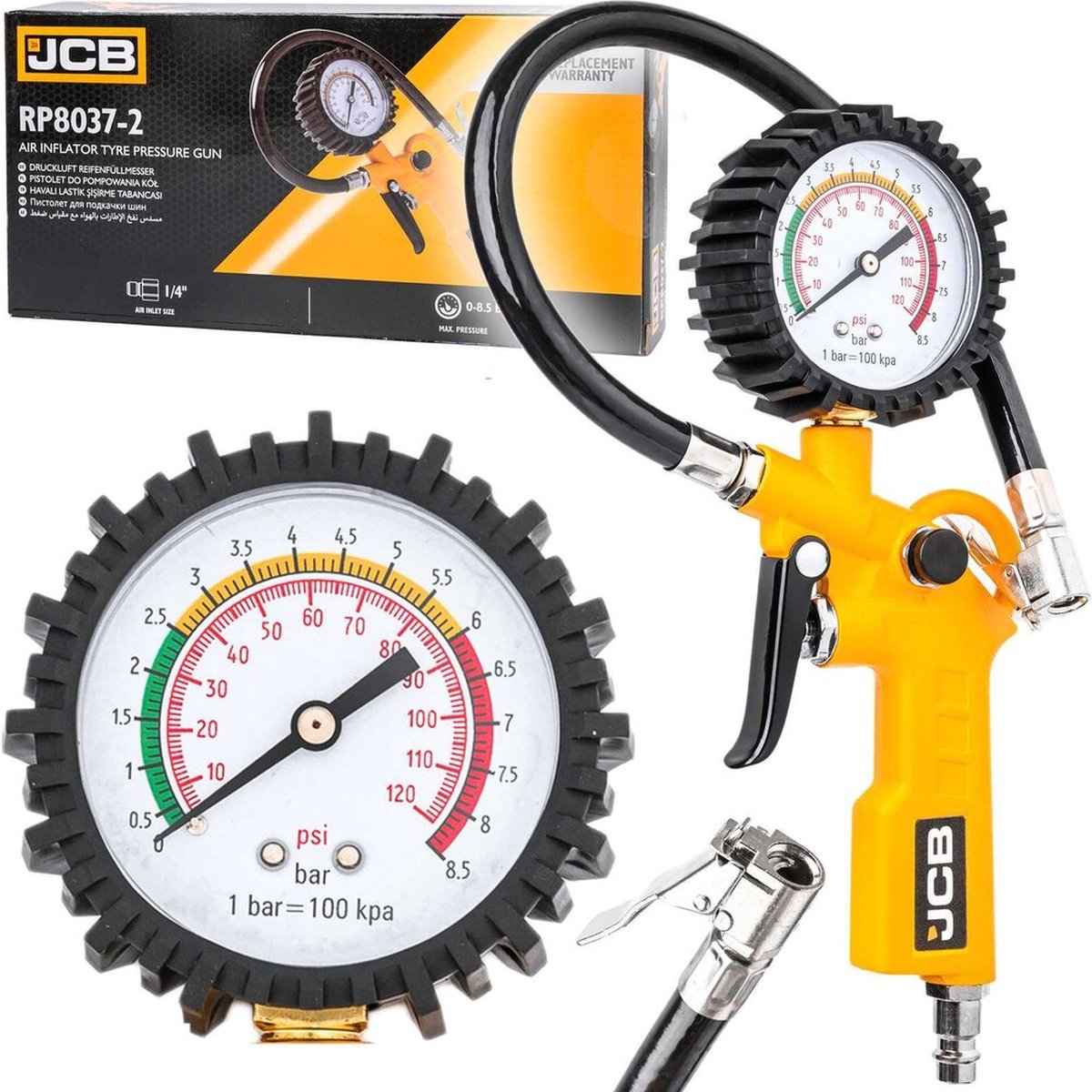 JCB Bandenvulpistool met Manometer 0–8,5 bar – Slang 340 mm