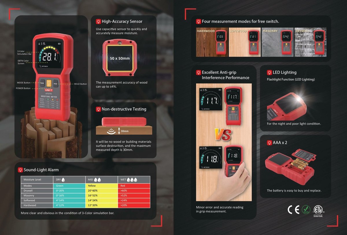 UNI-T Pinloze Vochtmeter voor Hout en Bouwmaterialen – 4 Modi
