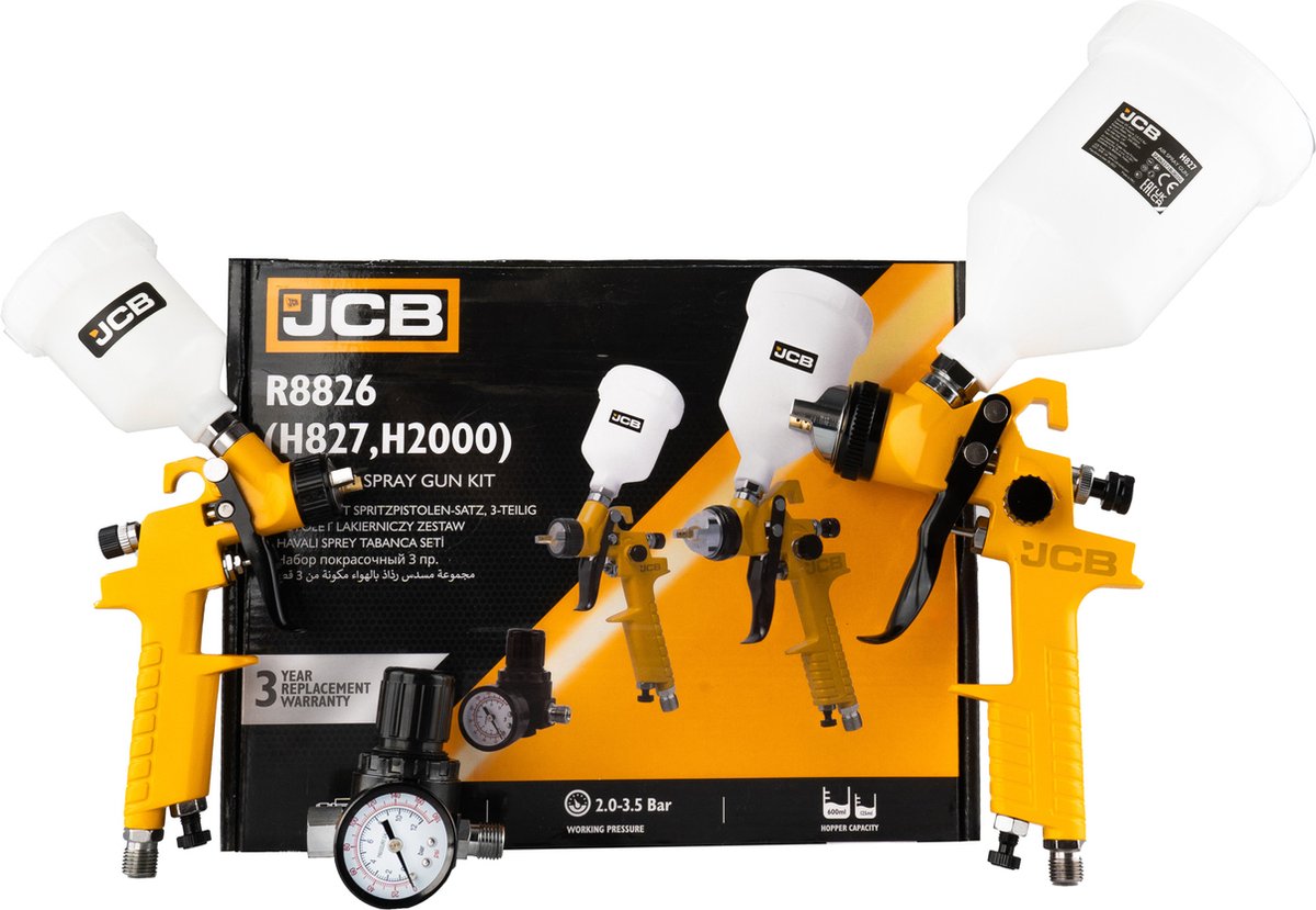 JCB Verfspuitpistool Set 3-delig – 600 ml en 125 ml met Drukregelaar