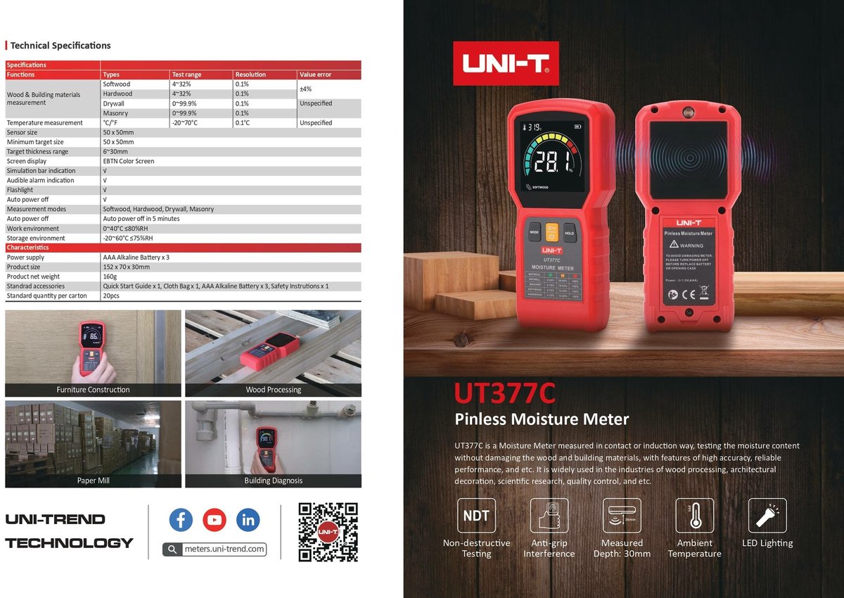 UNI-T Pinloze Vochtmeter voor Hout en Bouwmaterialen – 4 Modi