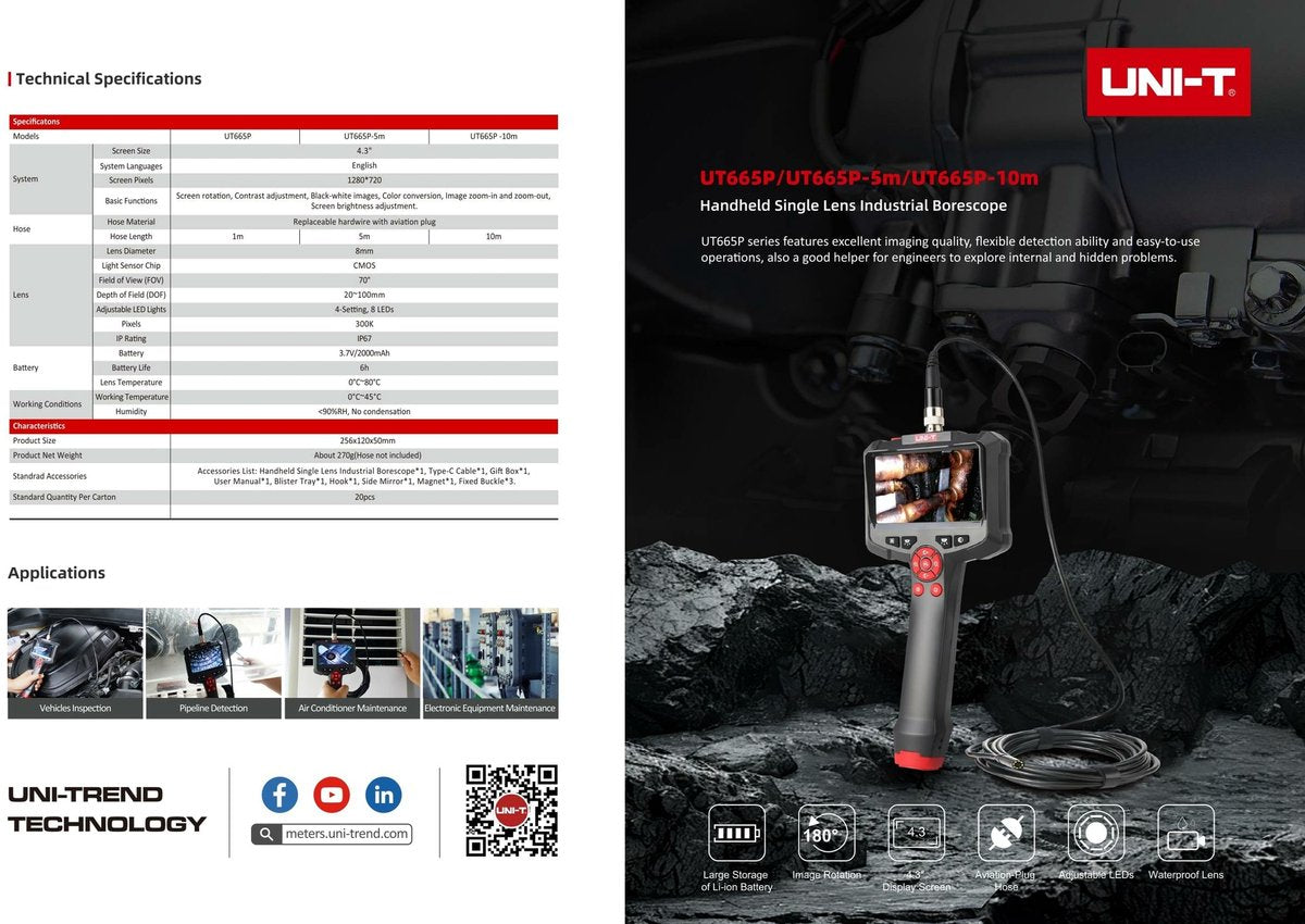 UNI-T Industriële Endoscoop 5 m – 4,3″ HD Scherm, IP67 Sonde