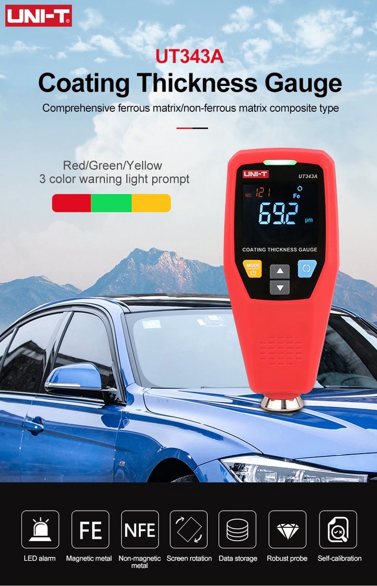 UNI-T Laagdiktemeter 0–1750 µm – Lakdiktemeter voor Auto