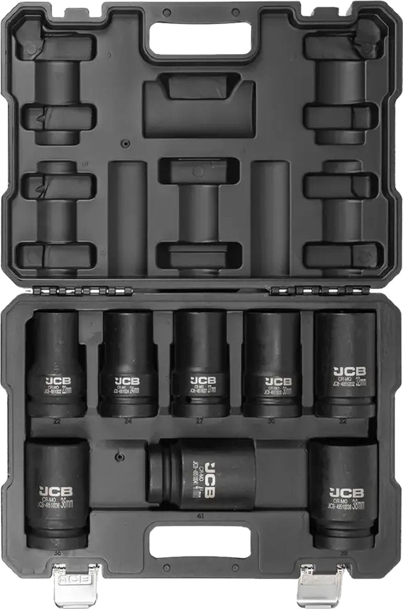 JCB Slagdoppenset 1″ 8-delig – 22 tot 41 mm, Cr-Mo, Metalen Koffer