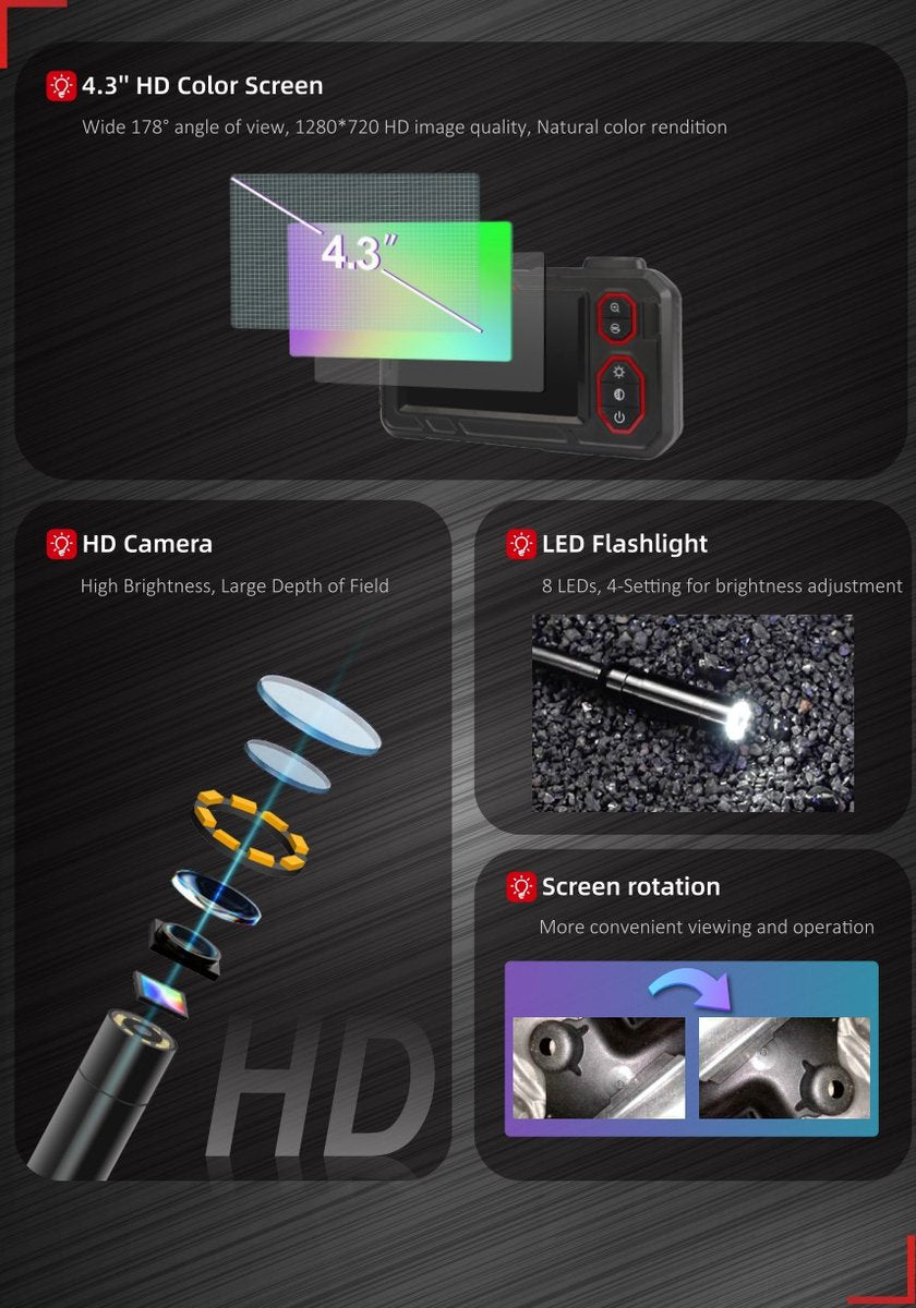 UNI-T Industriële Endoscoop 10 m met Opname – 4,3″ HD, IP67